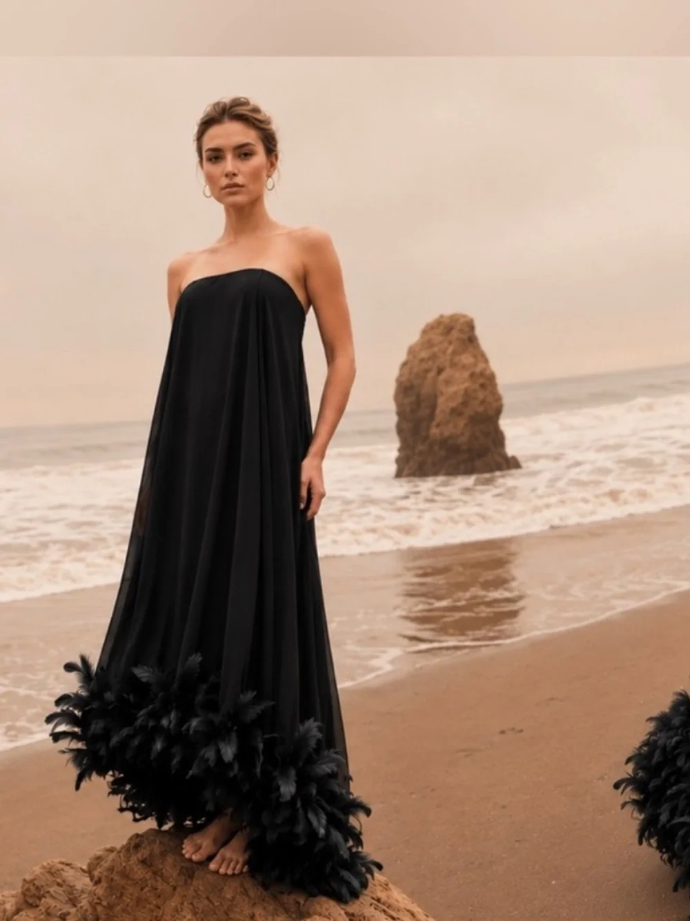 Mac Duggal 13001 Black Strapless Flare Feather Hem Gown